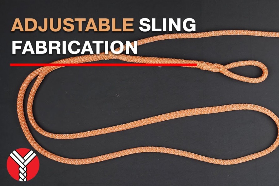 Orange adjustable sling on a black background with "Adjustable Sling Fabrication" text.