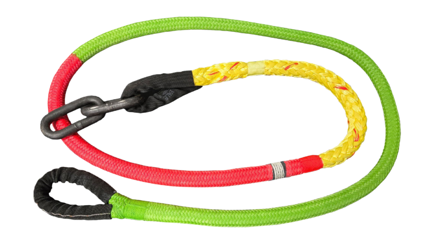 Colorful braided tow rope with metal hook, featuring red, yellow, and green sections on a white background.