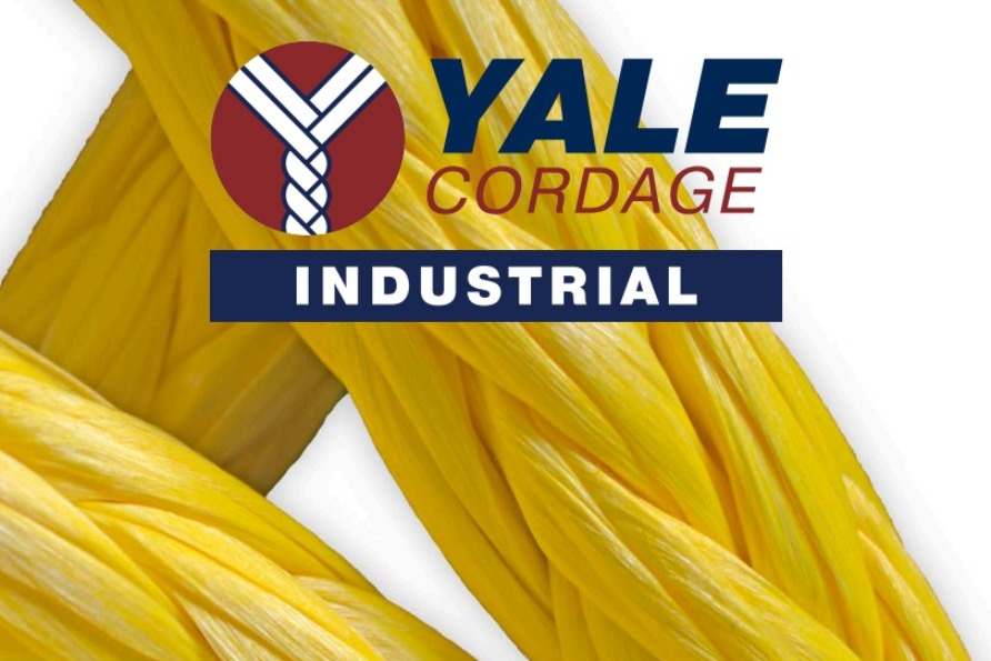 Close-up of yellow industrial rope with green strands, Yale Cordage logo, contact info and address at bottom, 5th edition.