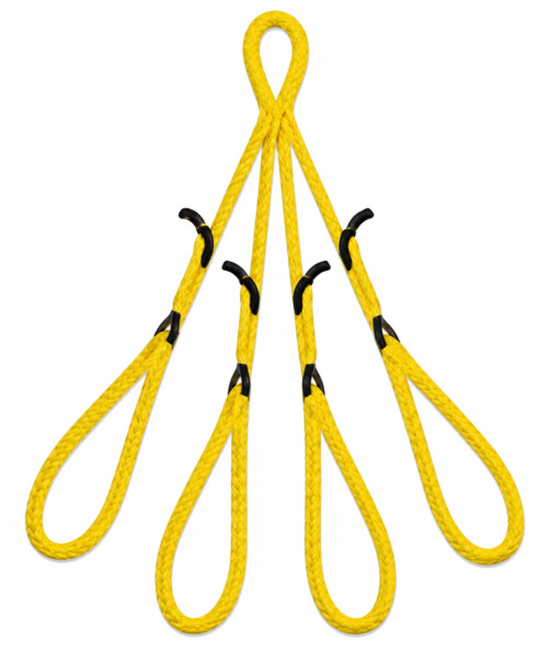 Bright yellow synthetic rope with multiple loops spread out symmetrically against a white background.