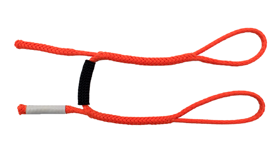 Red synthetic rope with loops on both ends, featuring a black sleeve and a white tape wrap on one side.