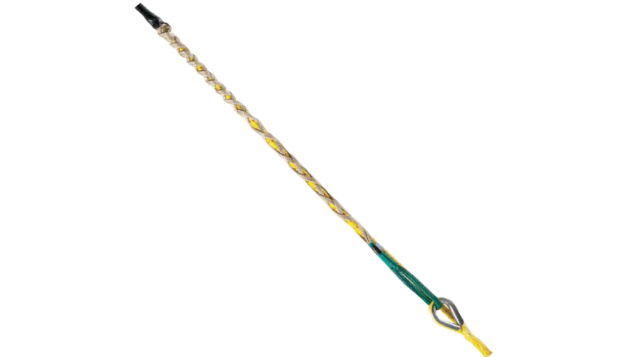 A braided rope whip with a green handle and metal loop against a white background.