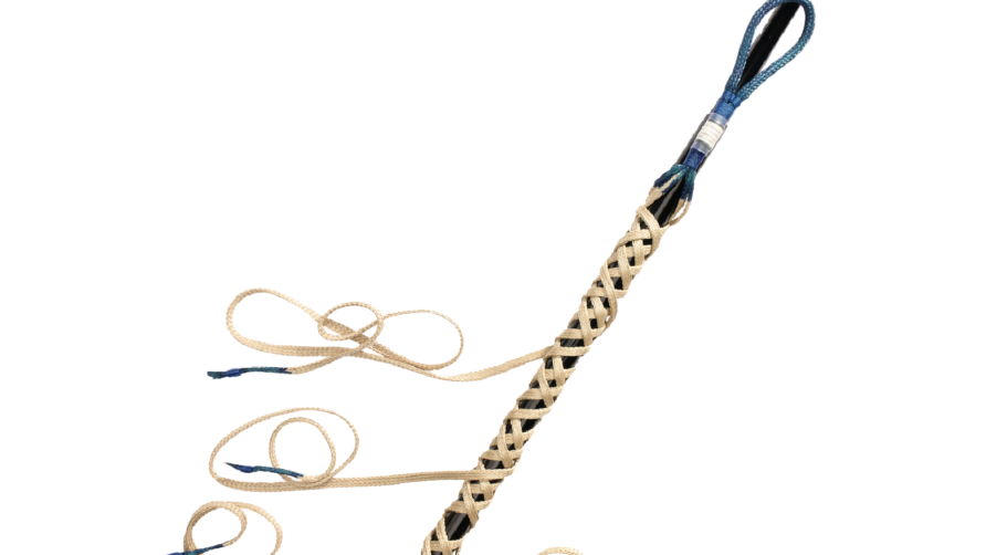 Intricately woven beige and blue rope with multiple loops on a white background